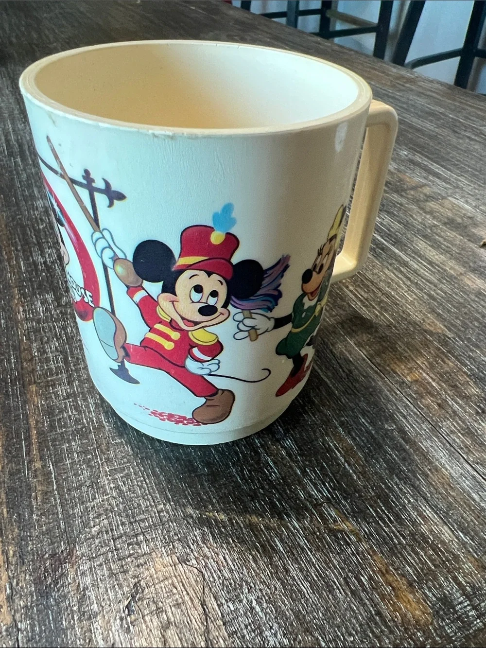 Vintage 1970’s Disney White Plastic Mug with Donald Duck and Red Mickey Logo